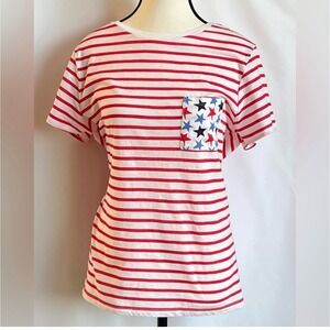LOFT NWT Striped Patriotic Star Pocket T Shirt L Cotton 4th‎ of July America 250